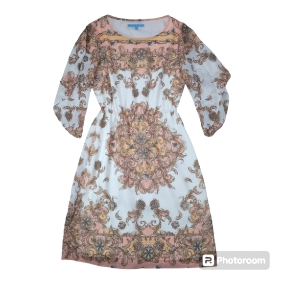 Antonio Melanie Dress Neutral Paisley Print Bell 3/4 Sleeve Elegant Size 0 - Picture 14 of 16